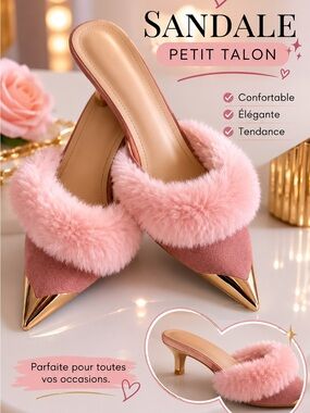 Pink Faux-Fur Pointed Toe Mule with Gold Cap Heel